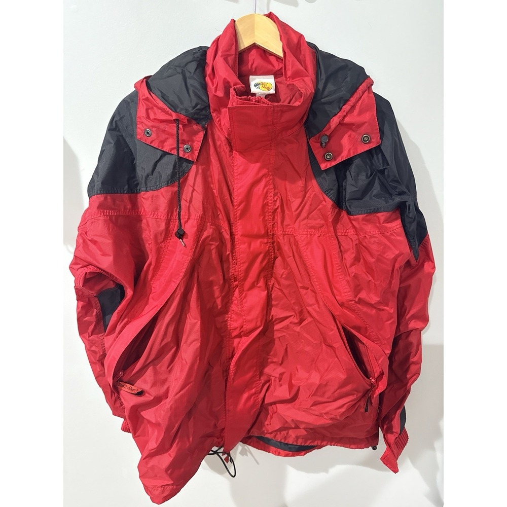 Mens Sz XL  Hooded‎ Windbreaker Jacket Red Bass Pro Shops Patch Outdoor